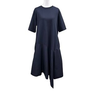 COS Mixed Media Cotton Asymmetric Hem Shirt Dress Sz M Navy